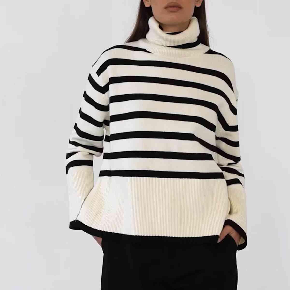 Striped Turtleneck Flare Sleeve Sweater