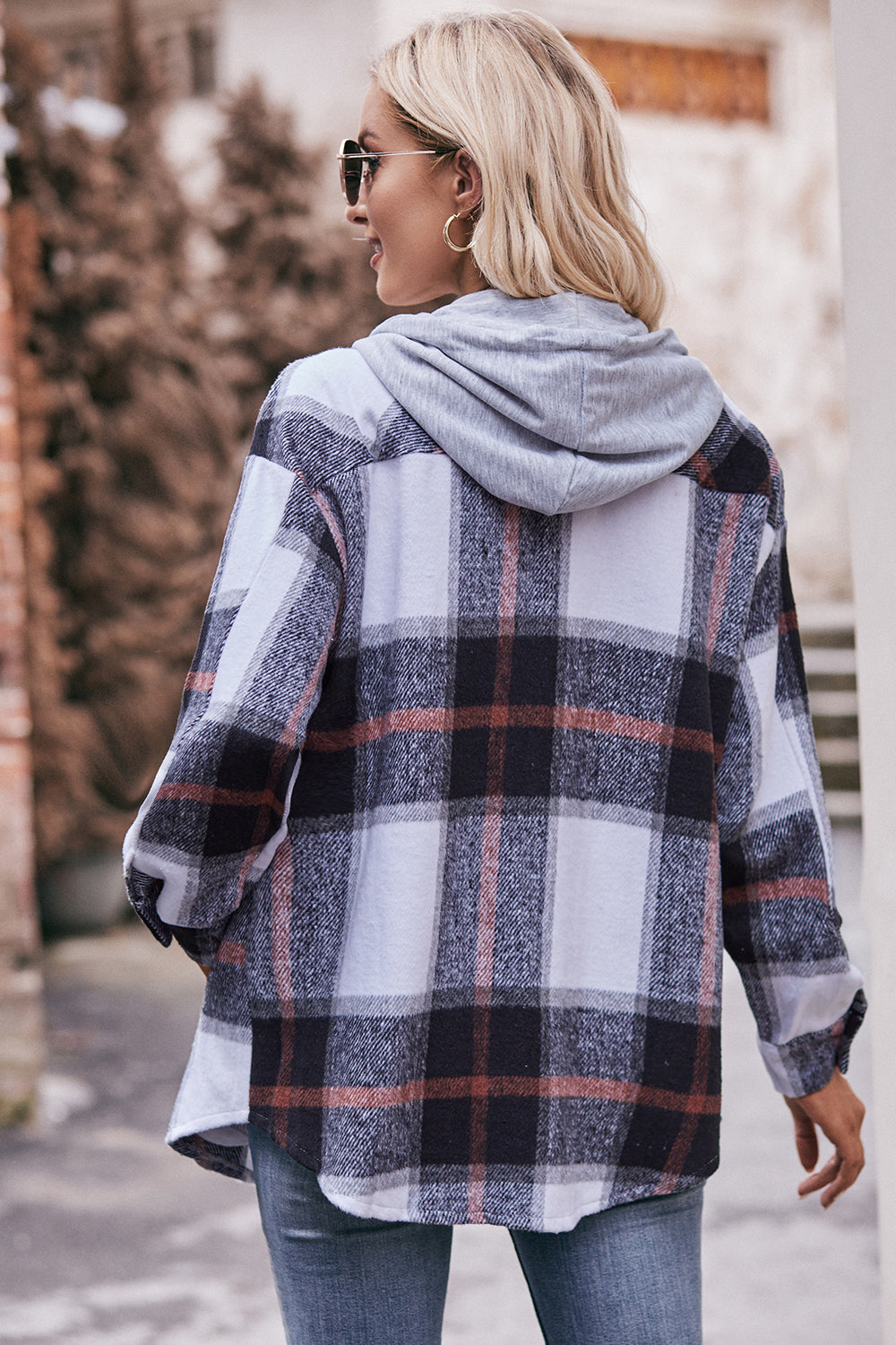 Plaid Dropped Shoulder Hooded Jacket