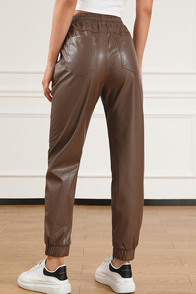 Pocketed Drawstring Leather Long Pants