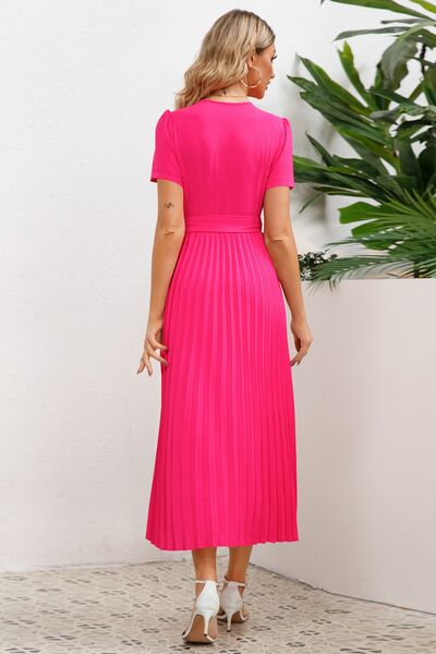 Pleated Surplice Short Sleeve Midi Dress