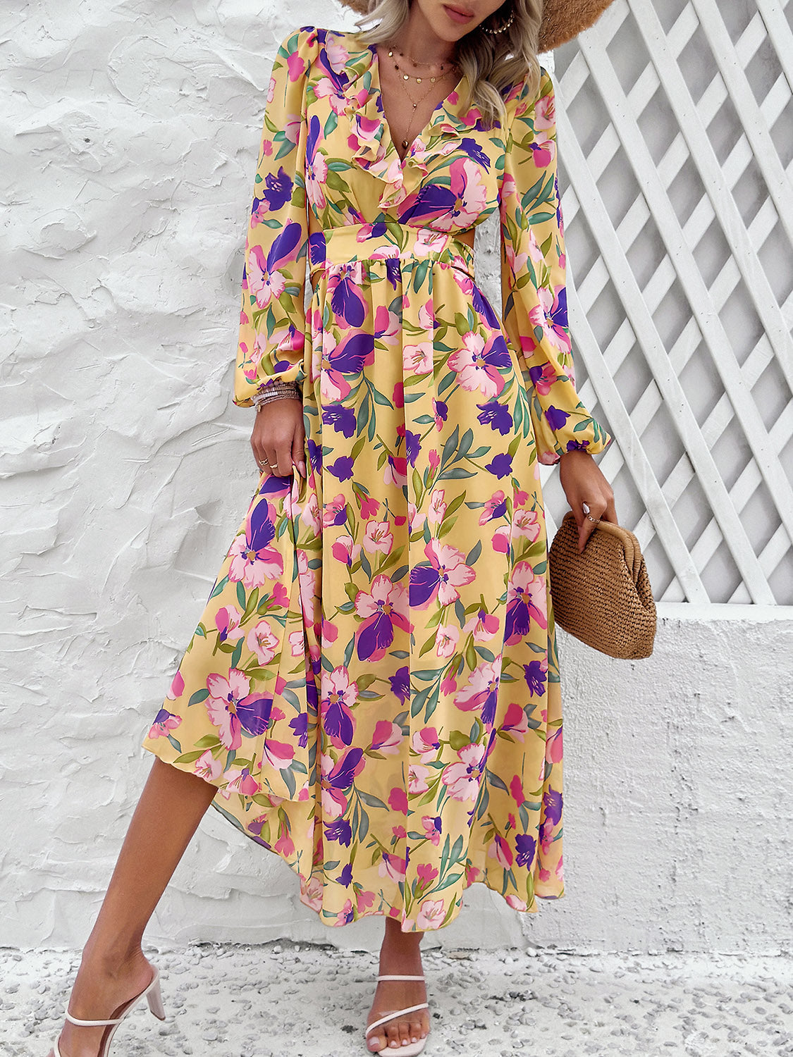 Cutout Printed V-Neck Balloon Sleeve Dress