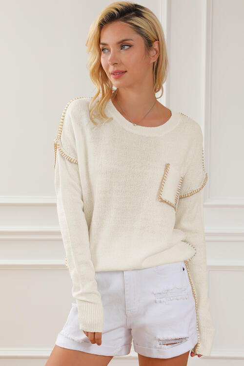 Exposed Seam Round Neck Long Sleeve Sweater