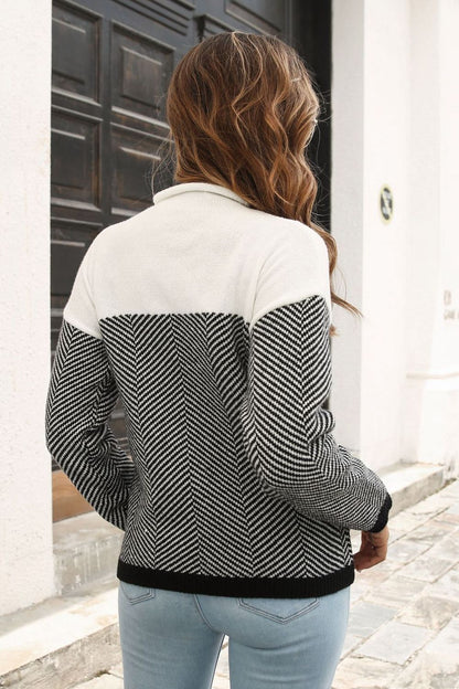 Two-Tone Mock Neck Dropped Shoulder Pullover Sweater