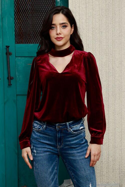 Cutout Puff Sleeve Velvet Blouse