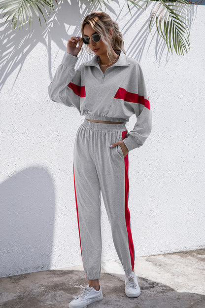 Turtle Neck Long Sleeve Zip-Up Top Long Pants Set