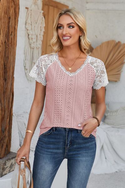 Eyelet V-Neck Lace Short Sleeve T-Shirt