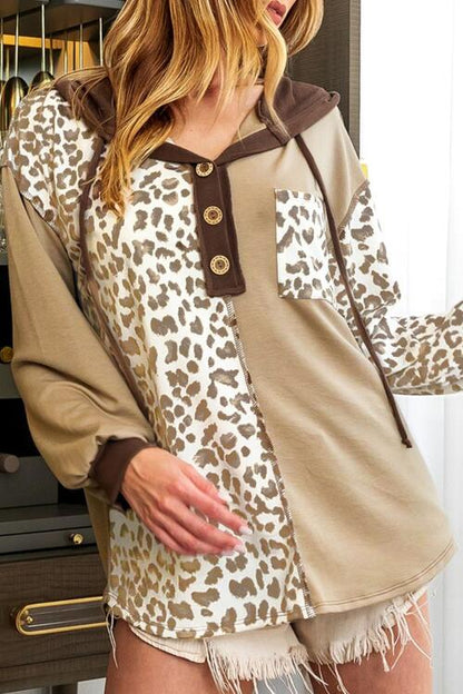 Leopard Half Button Drawstring Hoodie