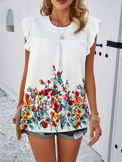 Floral Smocked Cap Sleeve Blouse