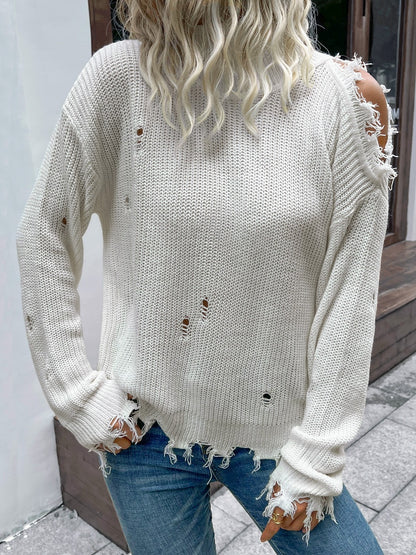 Distressed High Neck Cold-Shoulder Sweater