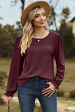 Eyelet Round Neck Flounce Sleeve T-Shirt