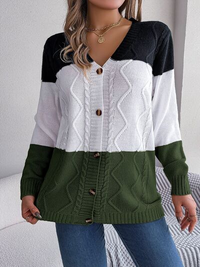 Cable-Knit Striped Button Up Cardigan