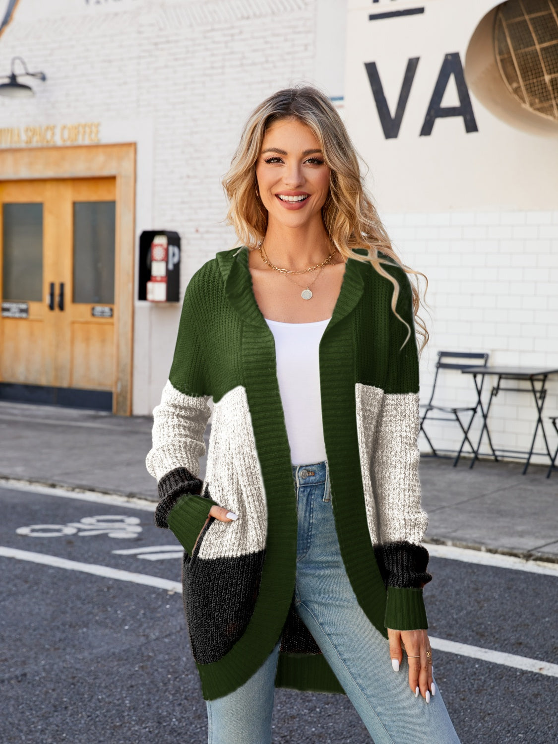 Color Block Open Front Hooded Cardigan