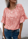 Leopard Round Neck Frill Trim Blouse