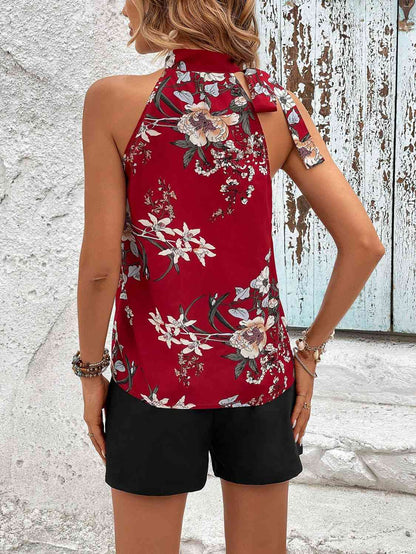 Floral Tied Mock Neck Sleeveless Top and Buttoned Shorts Set