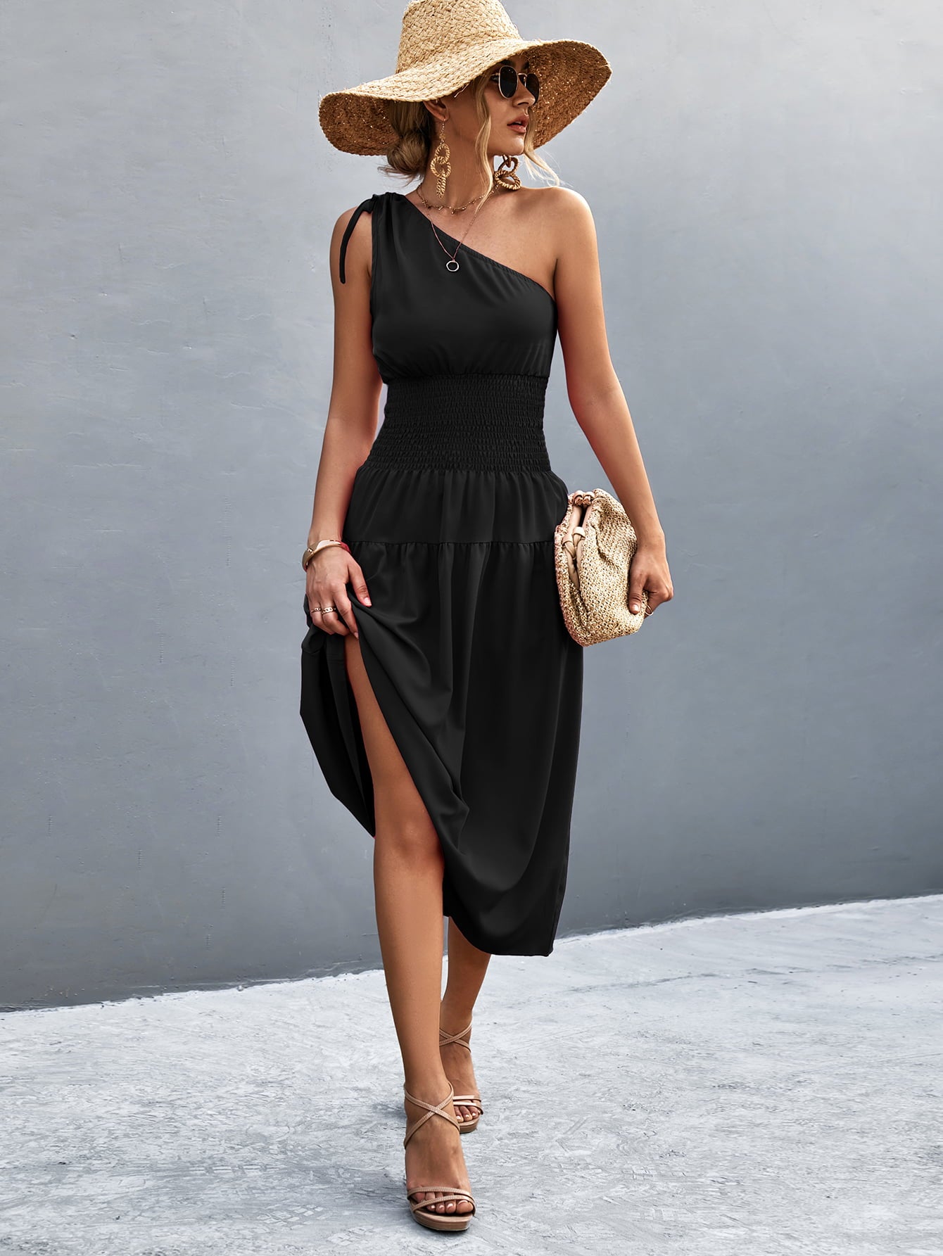 Asymmetrical One Shoulder Smocked Waist Midi Dress