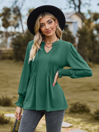 Notched Neck Flounce Sleeve Blouse