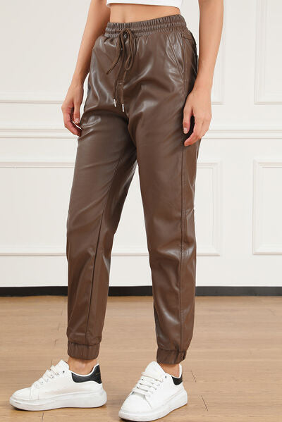 Pocketed Drawstring Leather Long Pants