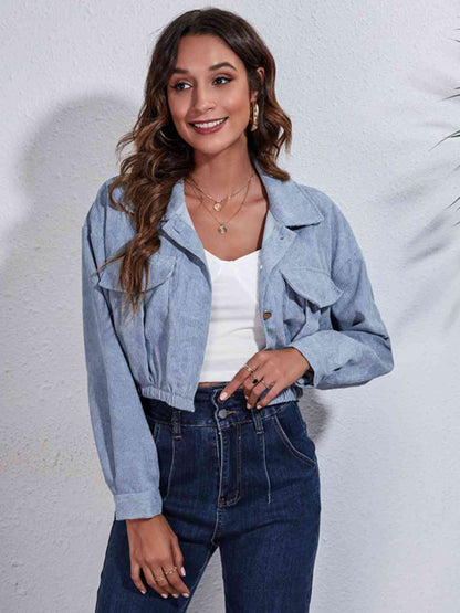 Collared Neck Dropped Shoulder Buttoned Jacket