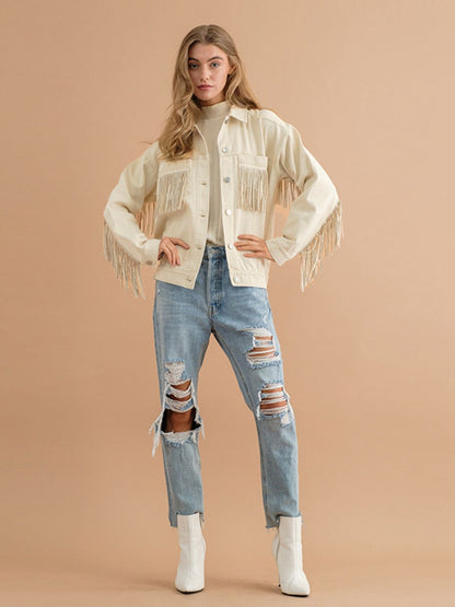 Fringe Detail Dropped Shoulder Denim Jacket