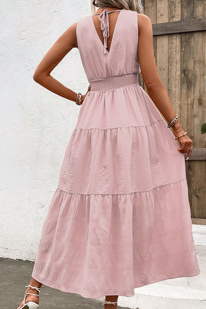 V-Neck Smocked Waist Sleeveless Tiered Dress