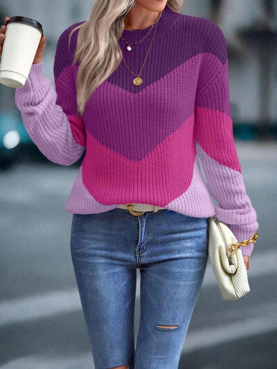 Color Block Round Neck Dropped Shoulder Sweater