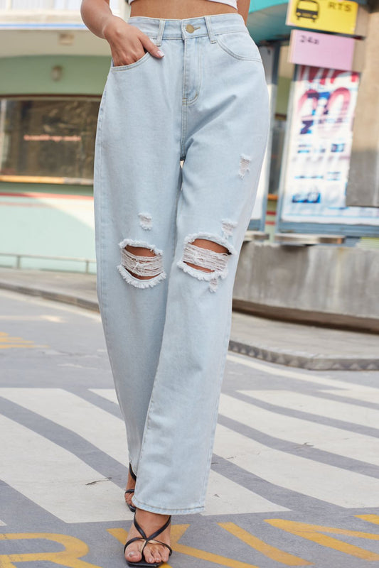 Distressed Straight Leg Jeans with Pockets