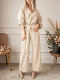 V-Neck Tie Waist Wide Leg Jumpsuit