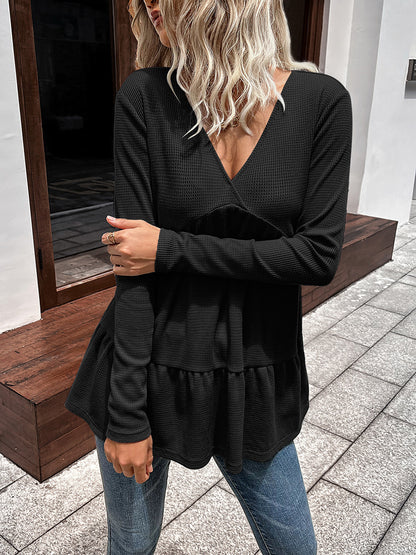 Waffle-knit V-Neck Long Sleeve Blouse