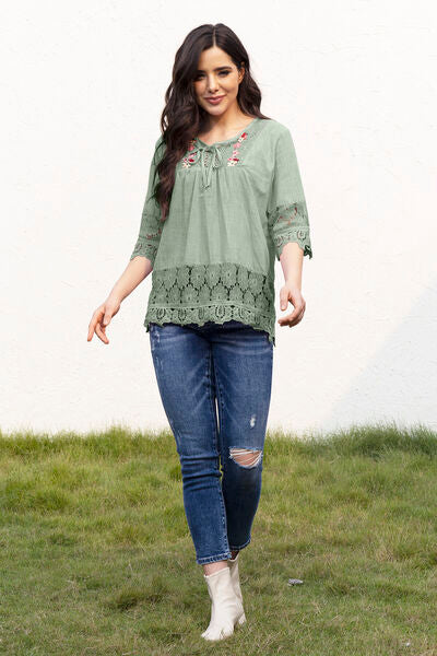 Tie Neck Lace Detail Half Sleeve Blouse