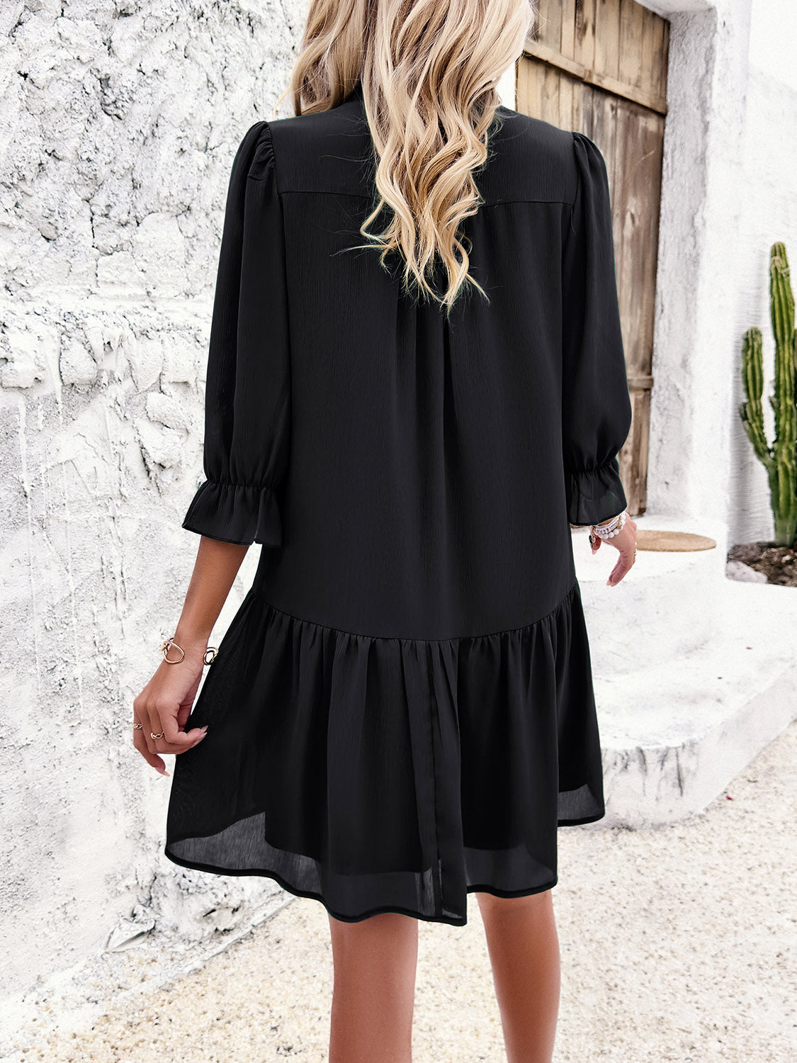 Ruched Notched Flounce Sleeve Dress