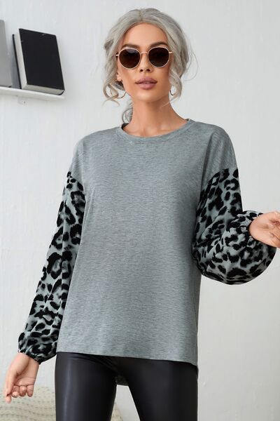 Leopard Round Neck Dropped Shoulder T-Shirt