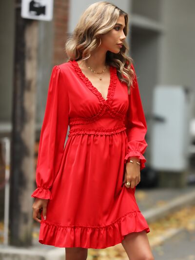 Ruffle Trim V-Neck Flounce Sleeve Dress