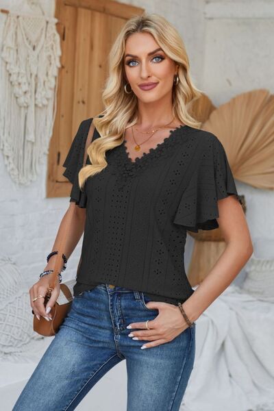 Eyelet Applique V-Neck Cap Sleeve T-Shirt