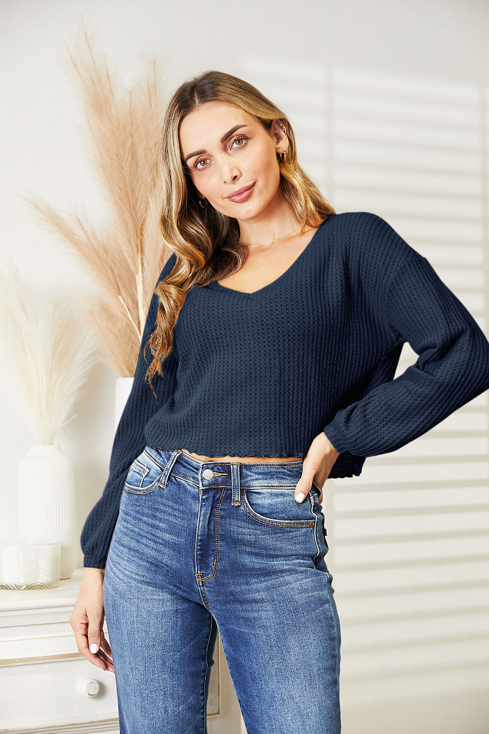 Full Size Waffle-Knit V-Neck Blouse