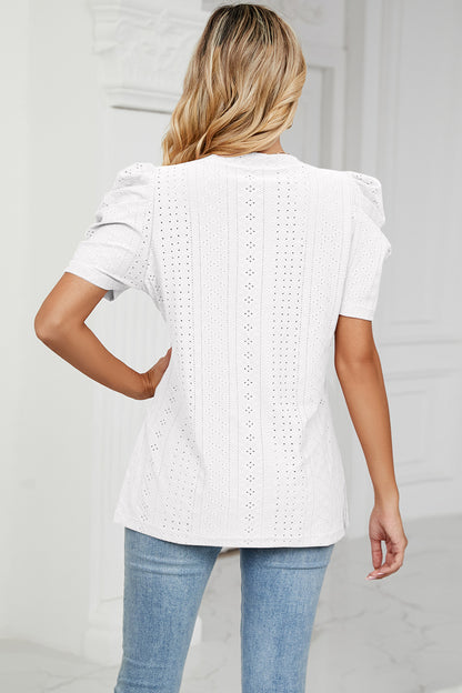 Eyelet V-Neck Short Sleeve Blouse