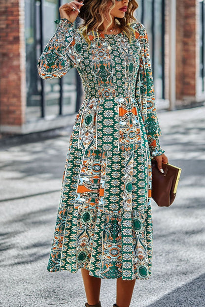 Smocked Round Neck Lantern Sleeve Midi Dress