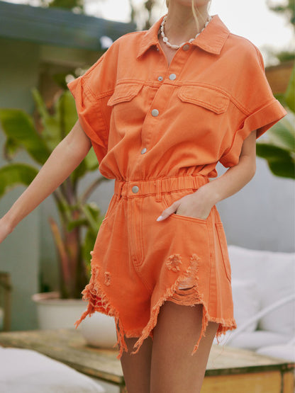 Distressed Collared Denim Romper