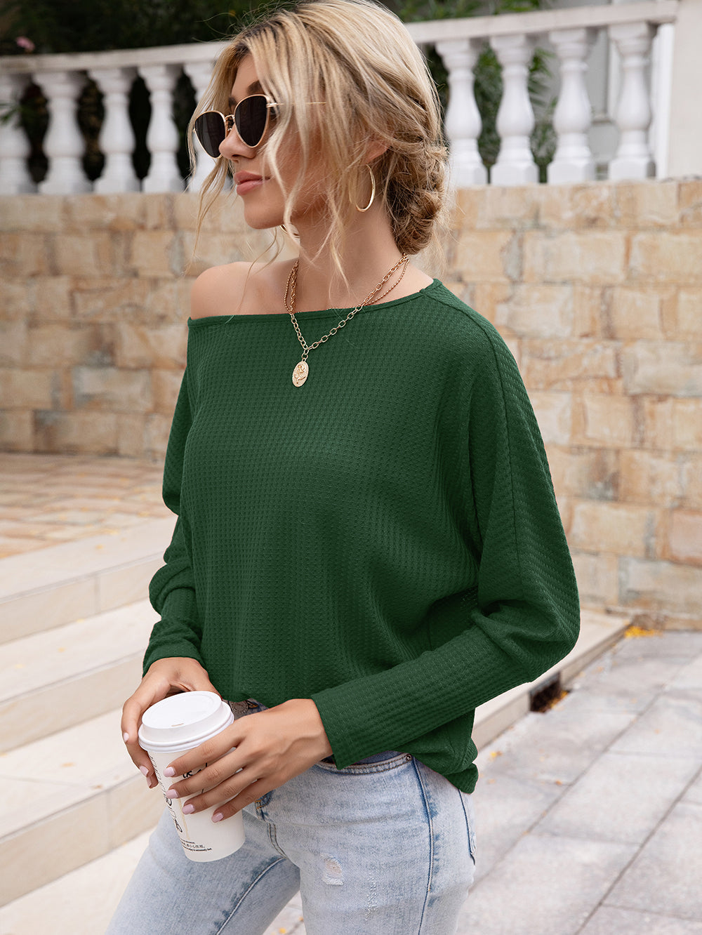 Waffle-Knit Boat Neck Long Sleeve Top