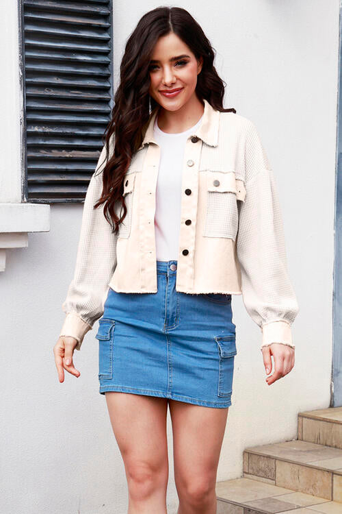 Button Up Raw Hem Long Sleeve Jacket