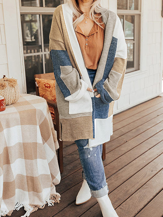 Plus Size Color Block Long Sleeve Cardigan