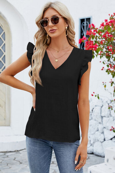 Ruffled V-Neck Cap Sleeve Blouse