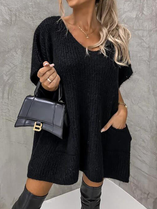 V-Neck Short Sleeve Sweater with Pockets