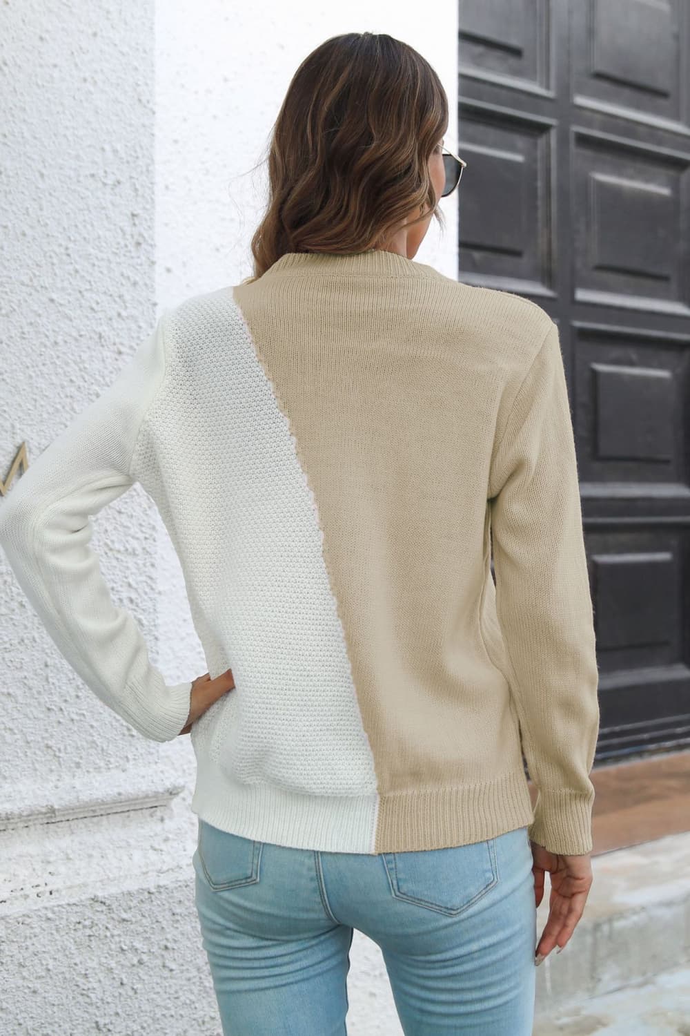 Contrast Color Round Neck Long Sleeve Sweater