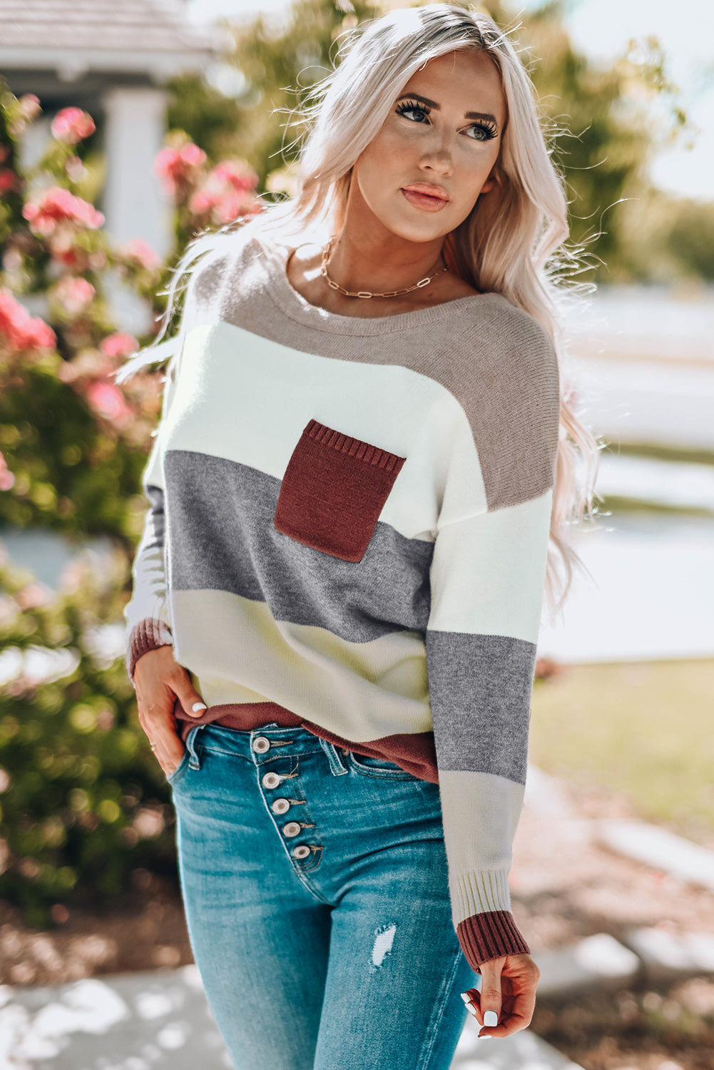 Color Block Drop Shoulder Round Neck Sweater