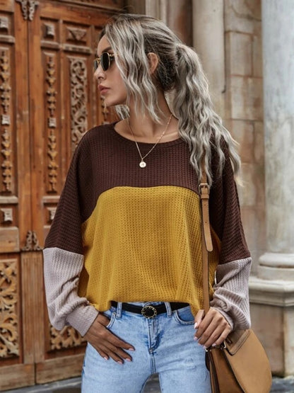 Color Block Waffle-Knit Long Sleeve Top