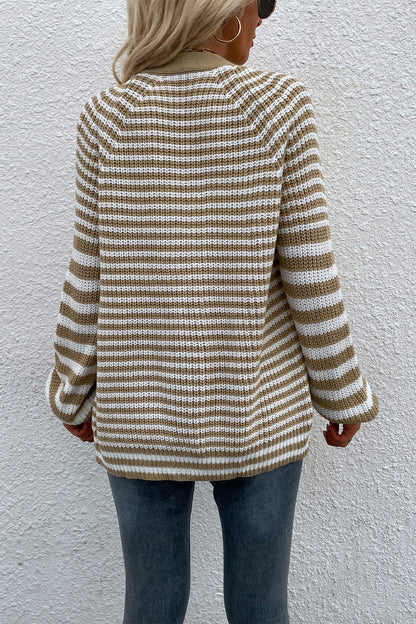 Striped V-Neck Button-Down Cardigan