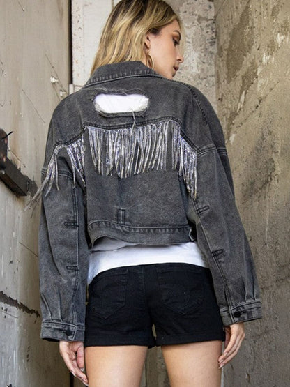 Cropped Collared Neck Dropped Shoulder Denim Jacket