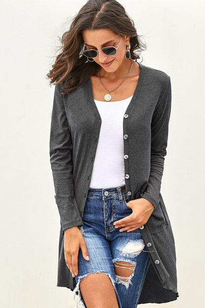 V-Neck Long Sleeve Cardigan with Pocket