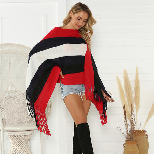 Striped Fringe Trim Poncho