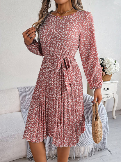 Ditsy Floral Tie Waist Pleated Dress